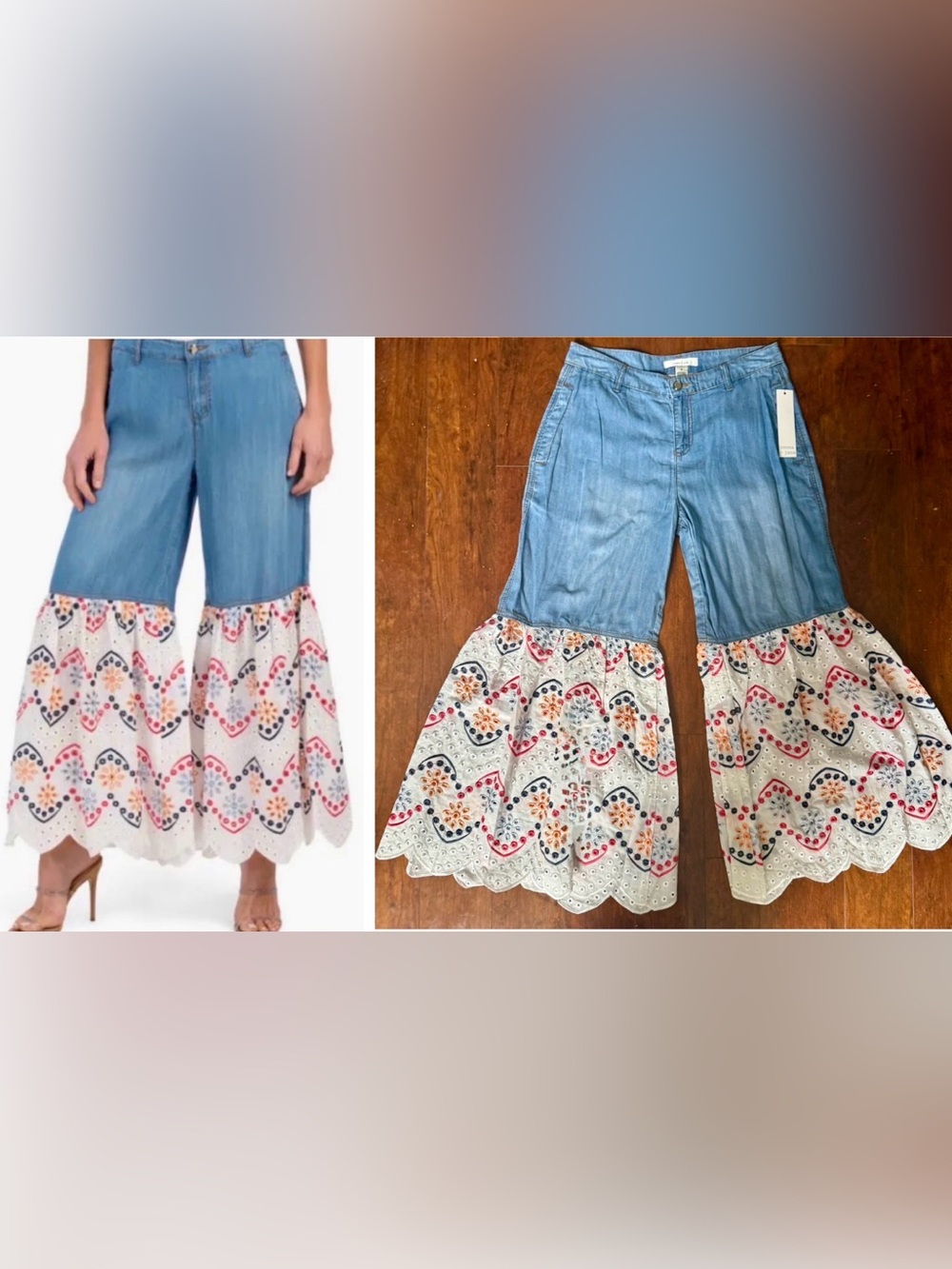 Gemma + Jane Denim Culottes Embroidered Lace Flare Cropped Pants Sz.6~NWT